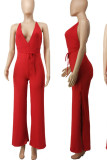 Red Sexy Solid Patchwork Backless Slit V Neck Straight Jumpsuits