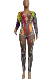 Grey Casual Print Patchwork Zipper Collar Skinny Jumpsuits