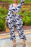 Black White Fashion Casual Print Without Belt O Neck Regular Jumpsuits