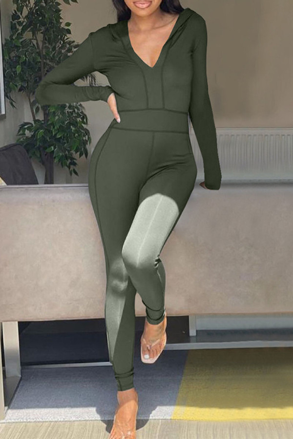 Army Green Casual Solid Patchwork Hooded Collar Skinny Jumpsuits