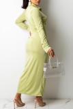 Khaki Casual Solid Split Joint Buckle Fold Turndown Collar Shirt Dress Dresses