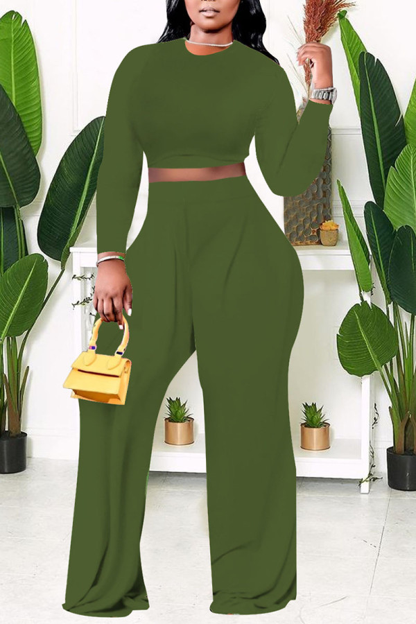 Green Casual Solid Split Joint O Neck Plus Size Two Pieces