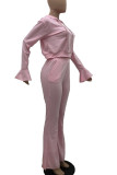 Pink Casual Solid Patchwork Hooded Collar Long Sleeve Two Pieces
