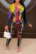 Black Casual Print Patchwork Zipper Collar Skinny Jumpsuits