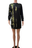Black Casual Print Patchwork O Neck Tops