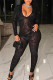 Black Sexy Print Patchwork V Neck Skinny Jumpsuits