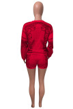Red Fashion Casual Print Basic O Neck Long Sleeve Two Pieces