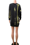 Black Casual Print Patchwork O Neck Tops