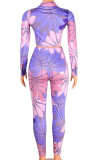 Blue Casual Print Bandage Split Joint Buckle Turndown Collar Long Sleeve Two Pieces