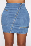 Blue Denim Zipper Fly Sleeveless High Solid Zippered Patchwork Hip skirt shorts Skirts