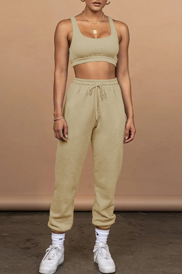 Apricot Casual Sportswear Solid Patchwork U Neck Sleeveless Two Pieces