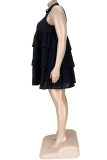 Black Casual Solid Flounce V Neck Cake Skirt Plus Size Dresses