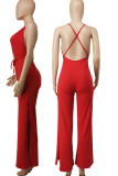 Red Sexy Solid Patchwork Backless Slit V Neck Straight Jumpsuits