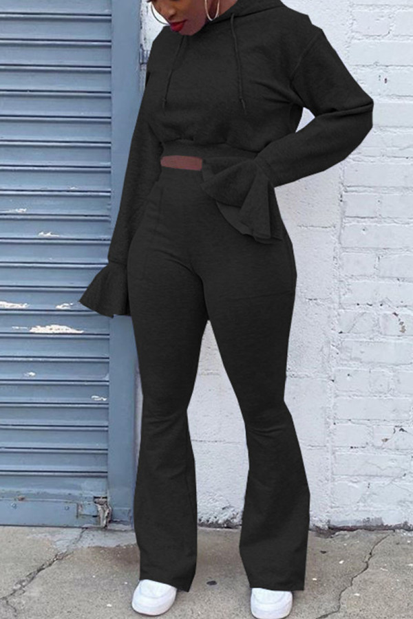 Black Casual Solid Patchwork Hooded Collar Long Sleeve Two Pieces