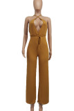 Red Sexy Solid Patchwork Backless Slit V Neck Straight Jumpsuits