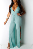 Red Sexy Solid Patchwork Backless Slit V Neck Straight Jumpsuits
