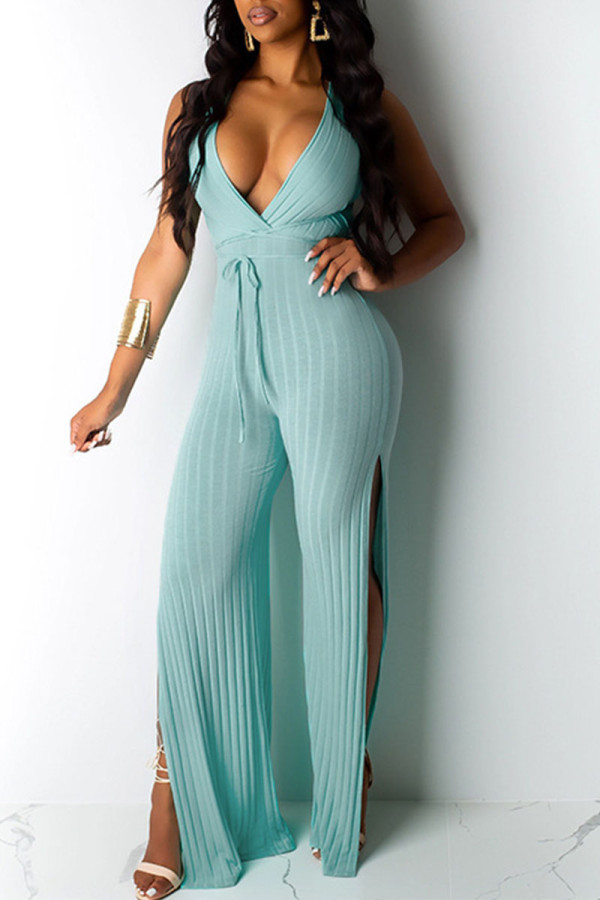 Mint green Sexy Solid Patchwork Backless Slit V Neck Straight Jumpsuits