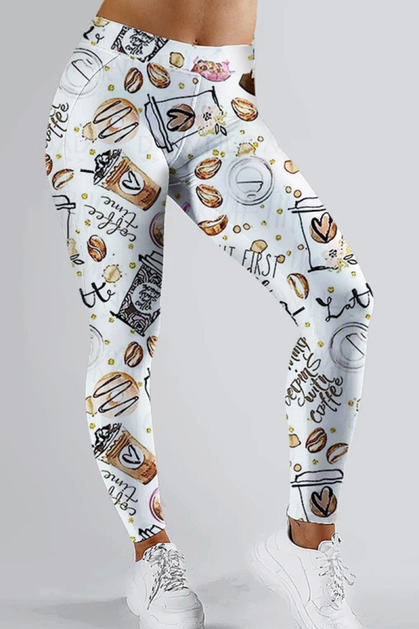 White Casual Print Patchwork Skinny High Waist Pencil Full Print Bottoms