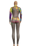 Grey Casual Print Patchwork Zipper Collar Skinny Jumpsuits