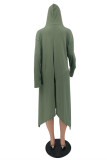 Army Green Fashion Casual Solid Asymmetrical Hooded Collar Long Sleeve Dresses