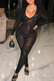 Black Sexy Print Patchwork V Neck Skinny Jumpsuits