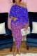 Blue Purple Fashion Casual Gradual Change Print Asymmetrical O Neck Half Sleeve Two Pieces