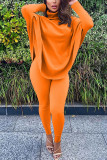 Orange Fashion Casual Adult Solid Split Joint Turtleneck Batwing Sleeve Two Pieces