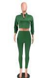 Green Casual Solid Patchwork Zipper Collar Three Quarter Two Pieces