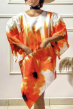 Orange Casual Print Patchwork O Neck Irregular Dress Dresses