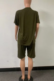 Ink Green Casual Print Split Joint V Neck Short Sleeve Two Pieces