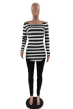 Green Casual Striped Split Joint Off the Shoulder Long Sleeve Two Pieces