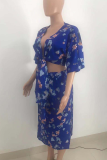 Deep Blue Sexy Print Patchwork V Neck Half Sleeve Two Pieces