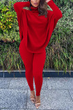 rose red Fashion Casual Adult Solid Split Joint Turtleneck Batwing Sleeve Two Pieces