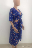 Deep Blue Sexy Print Patchwork V Neck Half Sleeve Two Pieces