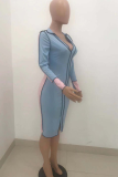 Light Blue Casual Patchwork Turndown Collar Irregular Dress Dresses