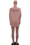 Pink Fashion Casual Adult Solid Split Joint Turtleneck Batwing Sleeve Two Pieces