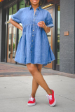 Blue Casual Solid Patchwork Turndown Collar Cake Skirt Dresses