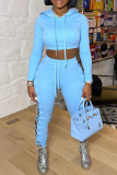 Sky Blue Sexy Solid Patchwork Hooded Collar Long Sleeve Two Pieces