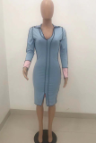 Light Blue Casual Patchwork Turndown Collar Irregular Dress Dresses
