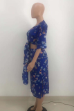Deep Blue Sexy Print Patchwork V Neck Half Sleeve Two Pieces