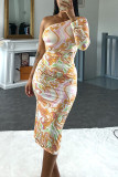 Red Elegant Print Patchwork Oblique Collar Pencil Skirt Dresses