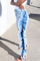 Baby Blue Sexy Solid Ripped Flounce Mid Waist Skinny Denim Jeans
