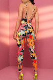 Red Black Sexy Print Patchwork Spaghetti Strap Skinny Jumpsuits