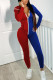 Red Blue Casual Solid Patchwork Contrast Zipper Hooded Collar Skinny Jumpsuits