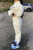 Cream White Casual Print Patchwork Hooded Collar Long Sleeve Two Pieces