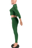 Green Casual Solid Patchwork Zipper Collar Three Quarter Two Pieces