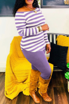 Purple Casual Striped Split Joint Off the Shoulder Long Sleeve Two Pieces