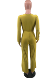 Green Casual Solid Patchwork V Neck Straight Jumpsuits