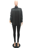 Black Fashion Casual Adult Solid Split Joint Turtleneck Batwing Sleeve Two Pieces