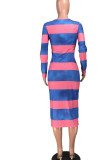 Pink Casual Striped Print Patchwork U Neck Pencil Skirt Dresses
